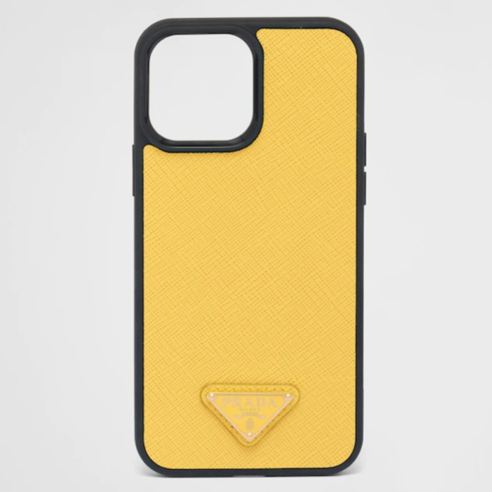Prada Yellow Triangle logo iPhone 13 Pro Max cover case Saffiano Leather